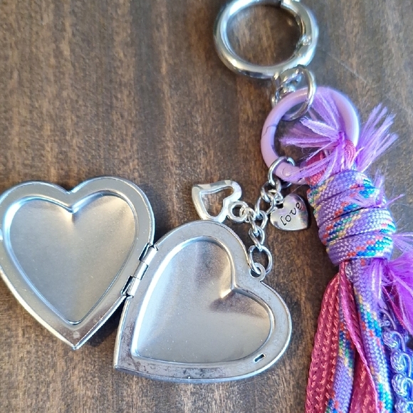 Silver and Pink Heart Keychain with Tassels - Picture 4 of 4
